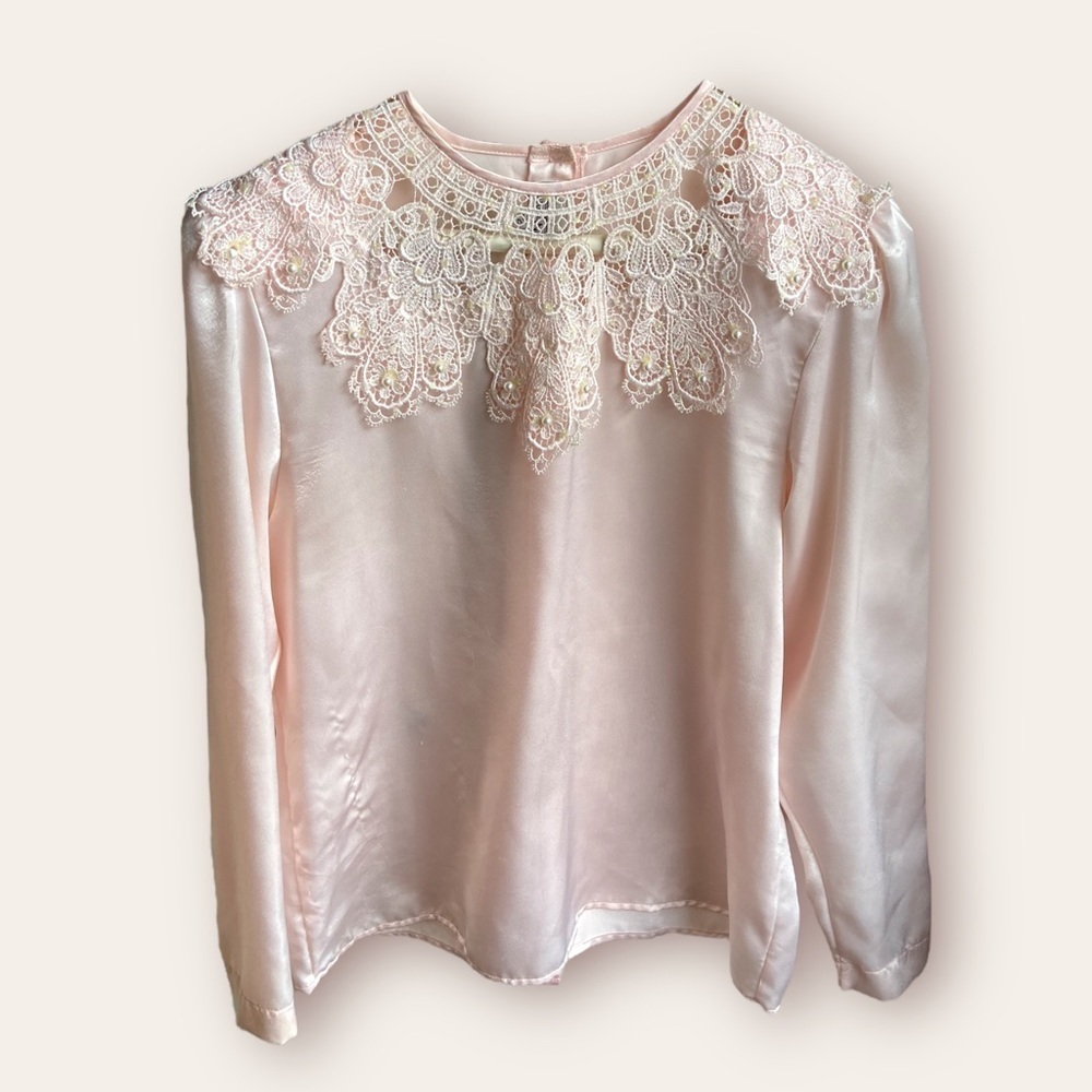 Vintage Satin Blouse with Sequin Lace Neckline